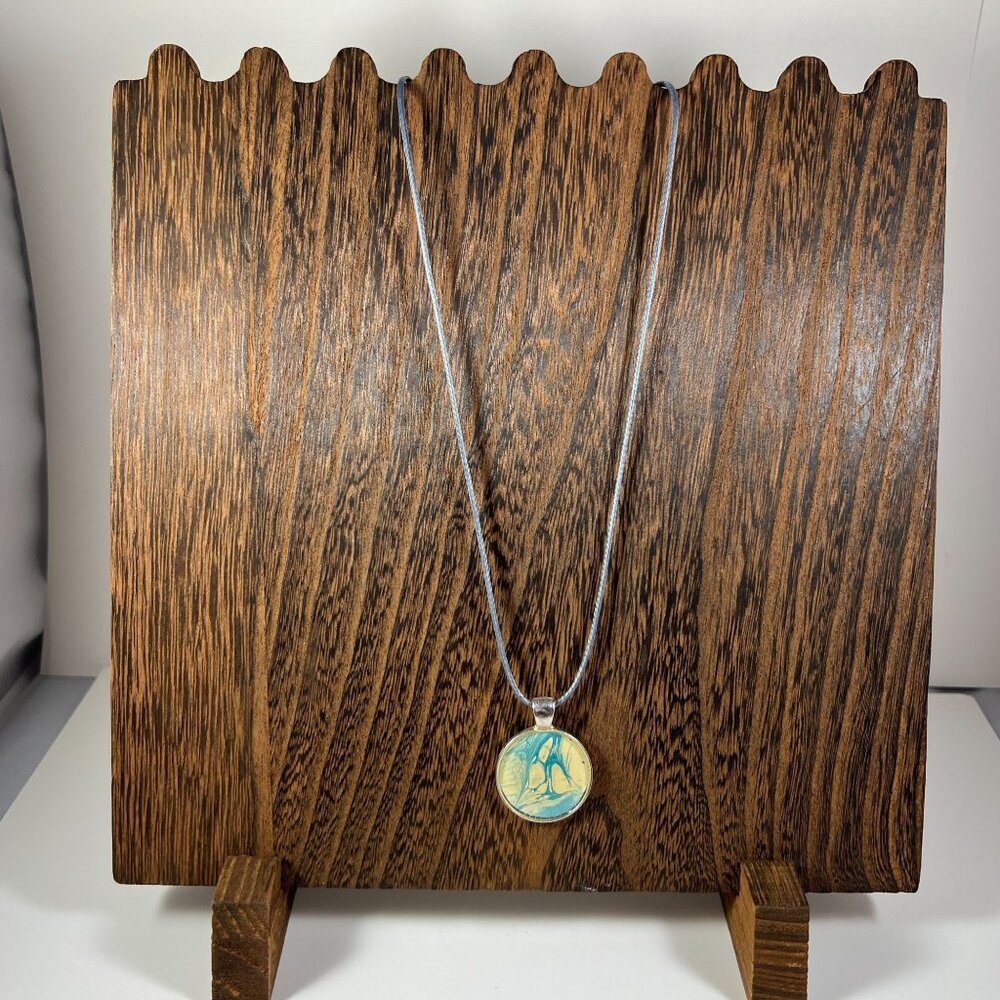 Acrylic Pour Pendant Necklace Blue & Yellow Abstract Art Design - Picture 1 of 2